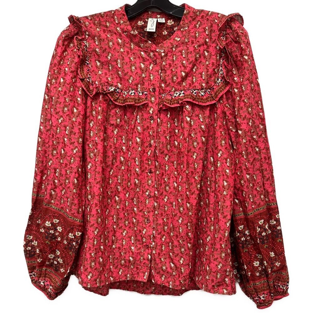 Joie Pink Floral Button Down Ruffle Top Size L